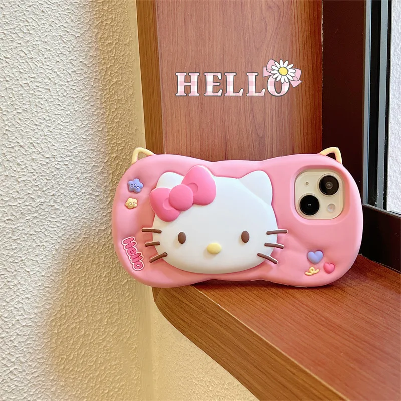Kawaii HelloKitty جراب هاتف مع حامل آيفون 17 16 15 14 11 13 12 برو ماكس الكرتون السائل سيليكون غطاء ناعم مقاوم للصدمات