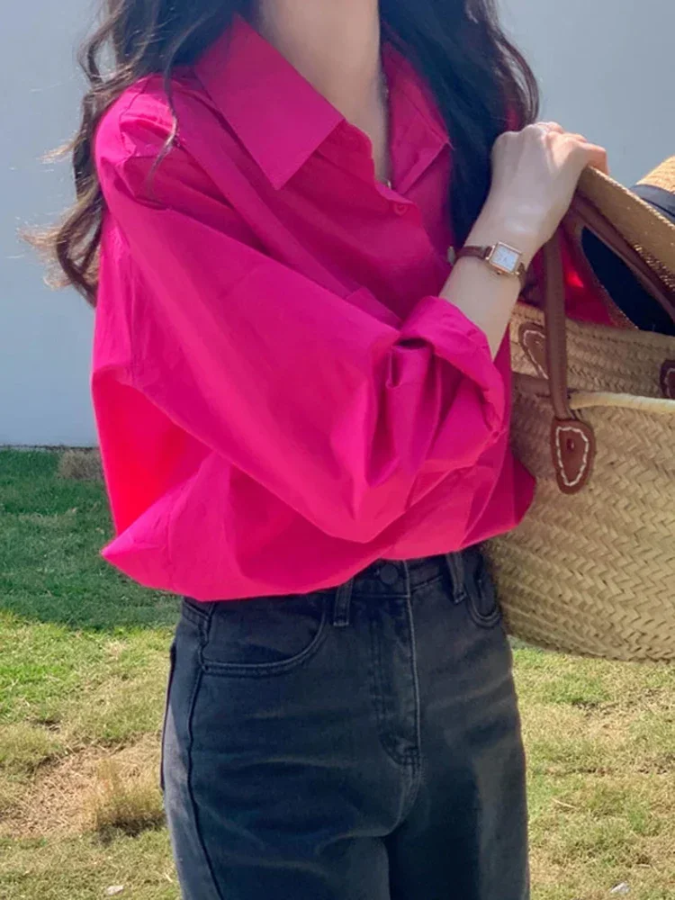 

Розово-красная рубашка женская, новинка весны и осени 2025 года, цветной топ с длинными рукавами и подкладкой, свободная повседневная рубашка A107