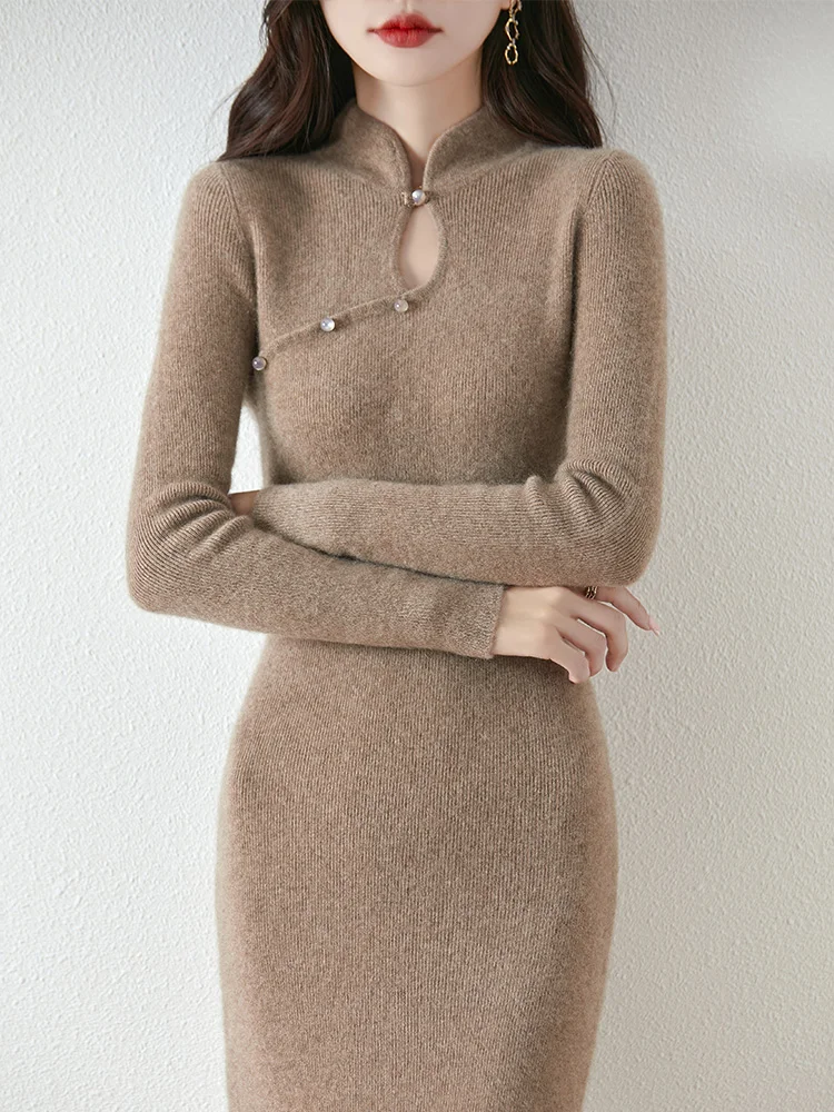 

Chinese Style Wool Dress Women Pullover Sweater 100% Merino Wool Knitwear Slim Elegant Retro Skirts Autumn Winter Soft Cashmere