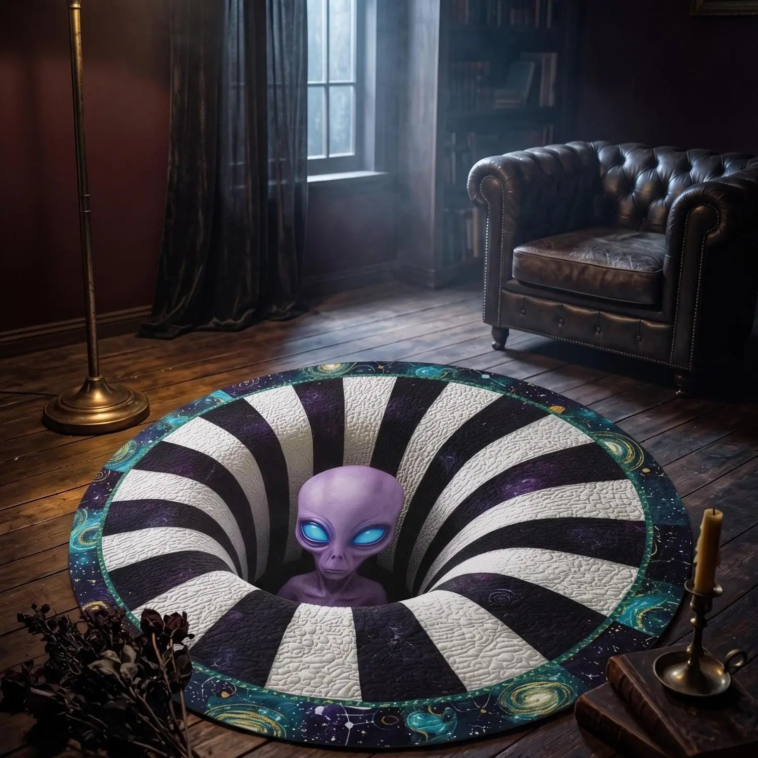 【Room Decoration Carpet】3D Alien Swirl Round Carpet, Optical Illusion Galaxy Carpet, Purple Alien Sci-Fi Area Rug, Cosmic Space Round Mat, Novelty Gift Decoration