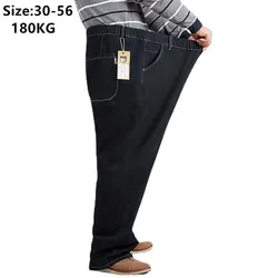 Erkekler siyah boy Denim pantolon 56 54 52 bahar sonbahar 180KG kalın artı boyutu düz elastik bel yüksek baba yaz kot