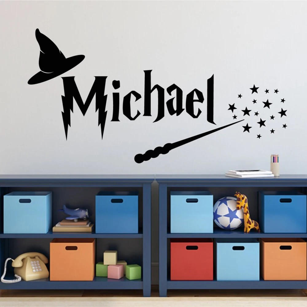 Personalized Name Wall Decal with Hat & Magic Wand Wall Sticker for Kids Room Decor Design Mural Vinyl Removable Wallpaper S228