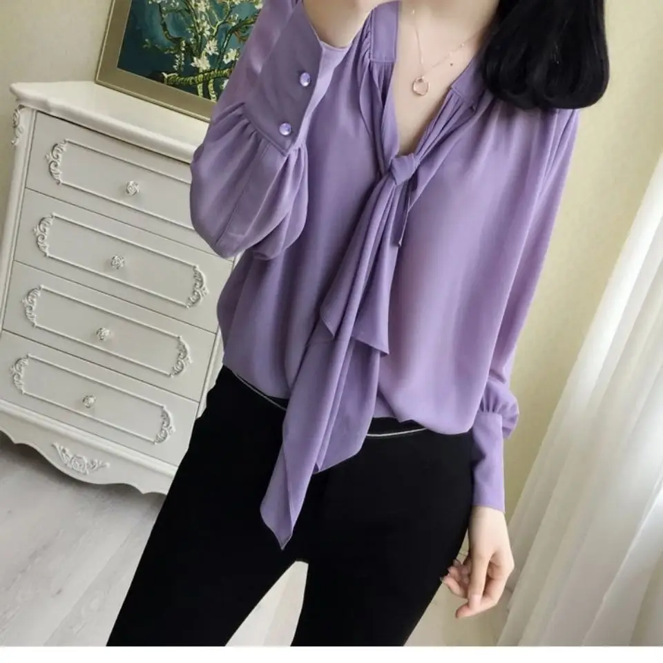 Fashion Women\'s Spring V-neck Chiffon Shirt Shirt Purple Elegant Office Temperament Long-sleeve Spring and Summer Party Shirt