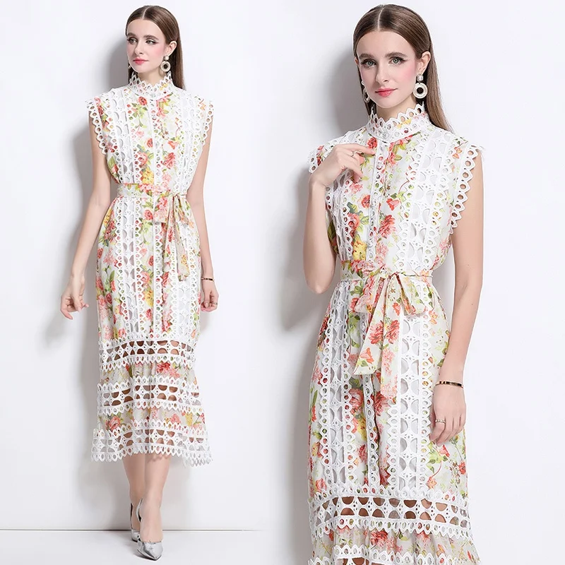 Elegant Hollow out Lace Print Dress Women's Waist Cinched Slimming Sleeveless Long Dress Fashionable Knot mid ...