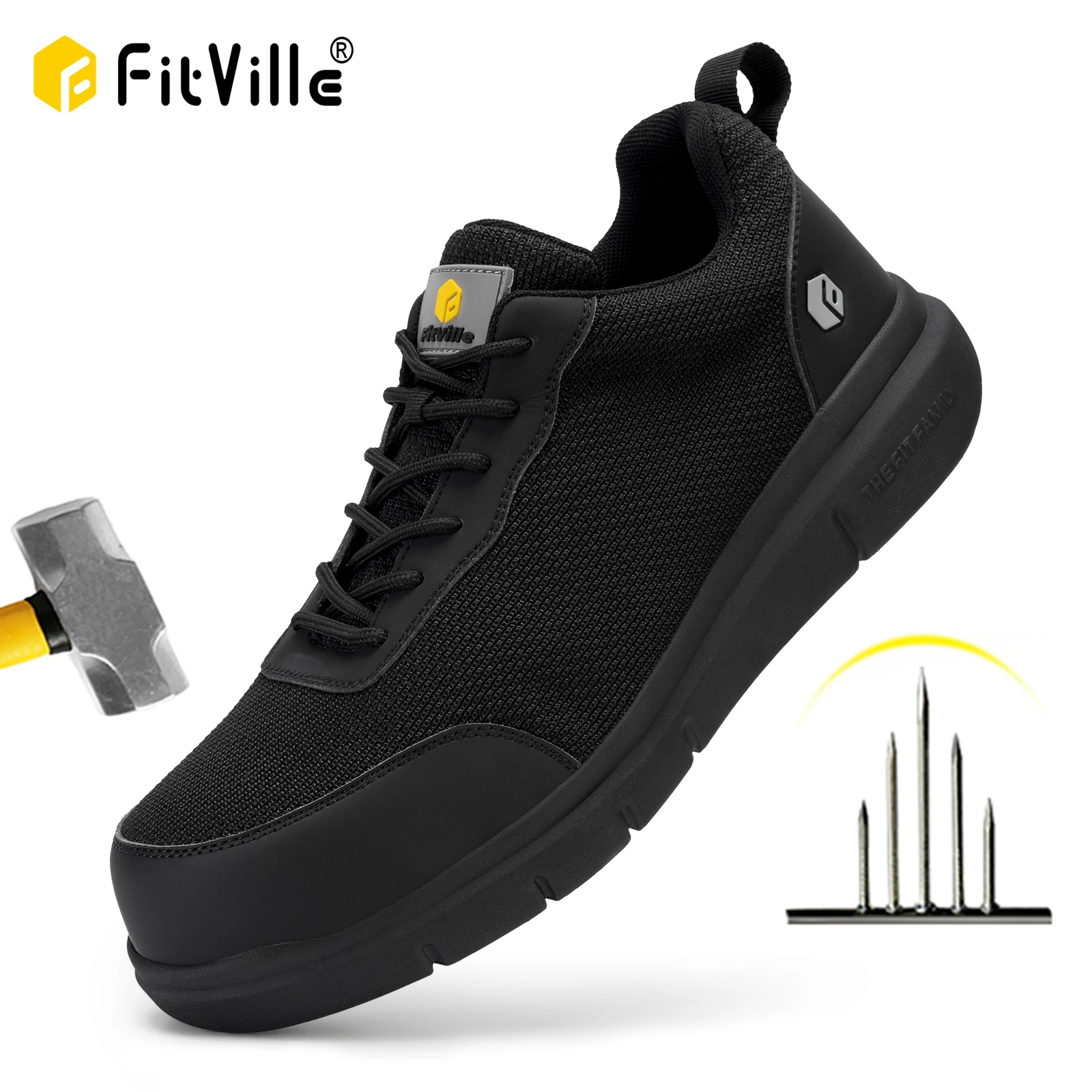 FitVille Men\'s Safety Shoes Construction Indestructible Shoes Steel Toe Cap Work Boots for Male Swelling Feet Pain Relief