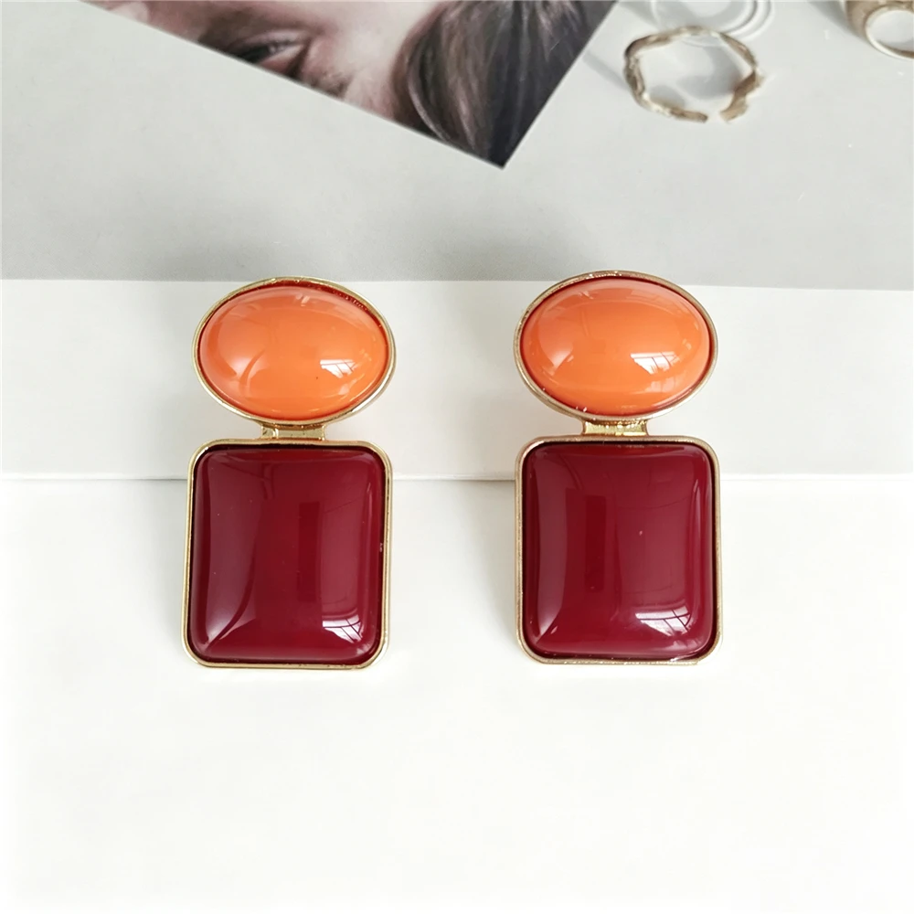 New Women's Geometric Statement Oval Square Resin Earrings Jewelry Boho Ethnic Retro Orange Wine Red Color Block Earrings Female