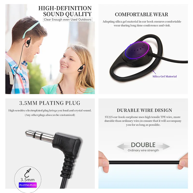 Widely Compatible D-type Earhook 3.5mm Clip Type Earphones Portable Stereophone Headphone for Conference Headset