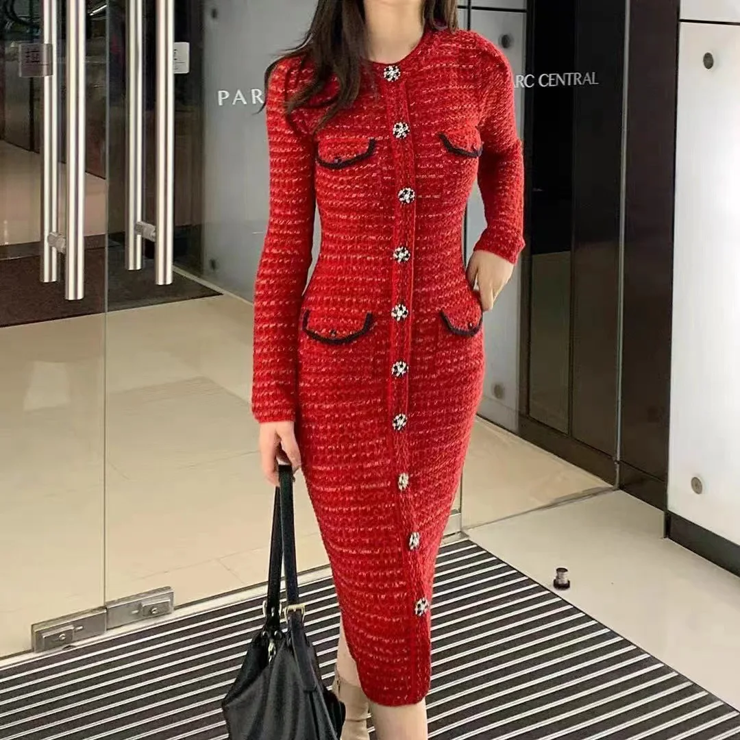 

Celebrity Long Dress French Autumn/Winter New Little Fragrance Style Dress with Red Knitted Dress Inside