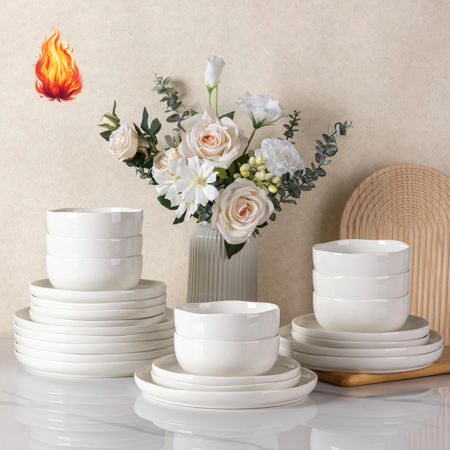 

Наборы керамической посуды для 8, наборы каменных тарелок и мисок ручной работы с волнистой оправой, устойчивых к сколам и трещинам. | Посудомоечная машина