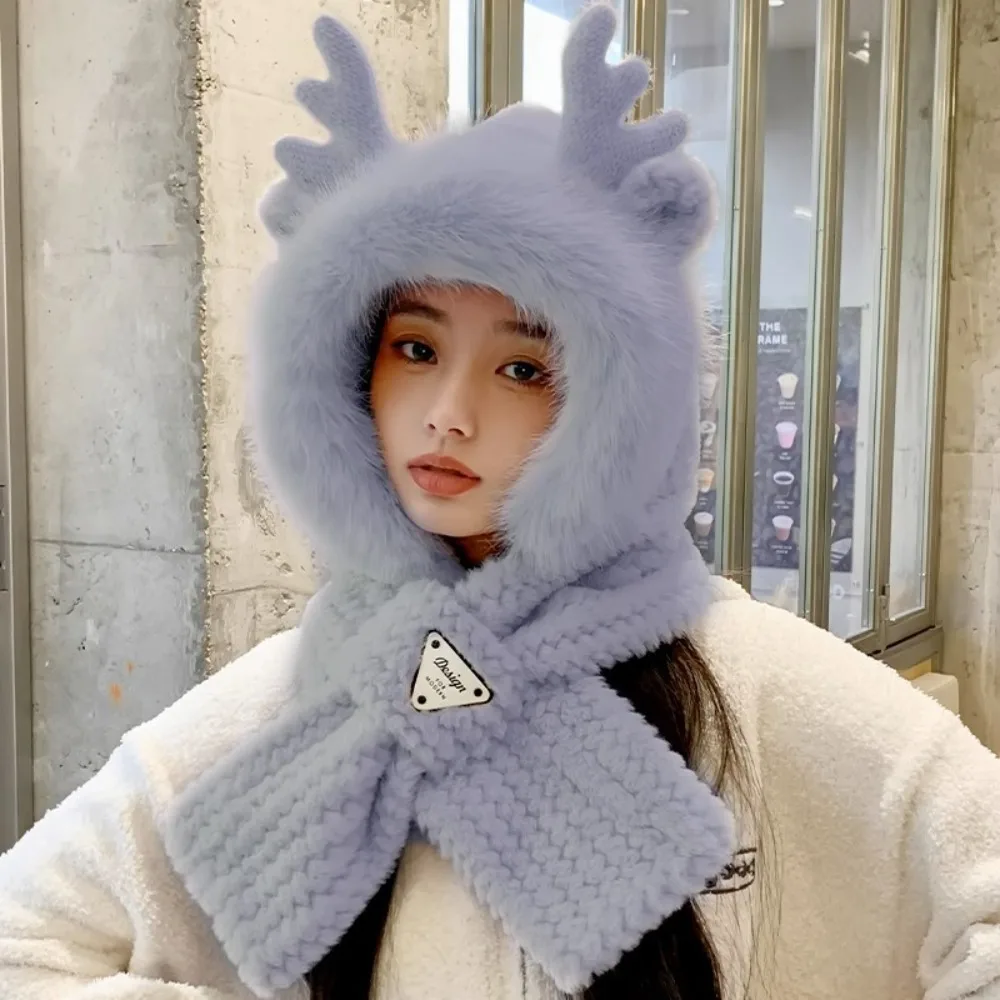 

Cute Soft Fur Women Hooded Scarf Elk Antler Cross One Piece Hat Scarf Warm Windproof Ear Protection Hat Outdoor