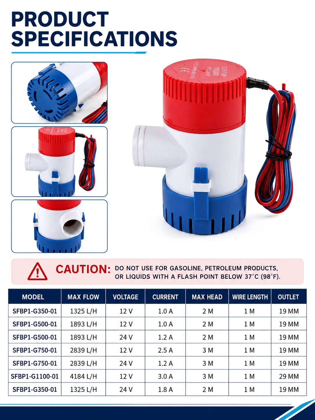 Bilgepumpe 12V 24V DC 350/500/750/1100GPH Nicht-Automatische Marine-Tauchpumpe für Boote, Yachten, Hausboote zur Wasserentwässerung – Detail 1
