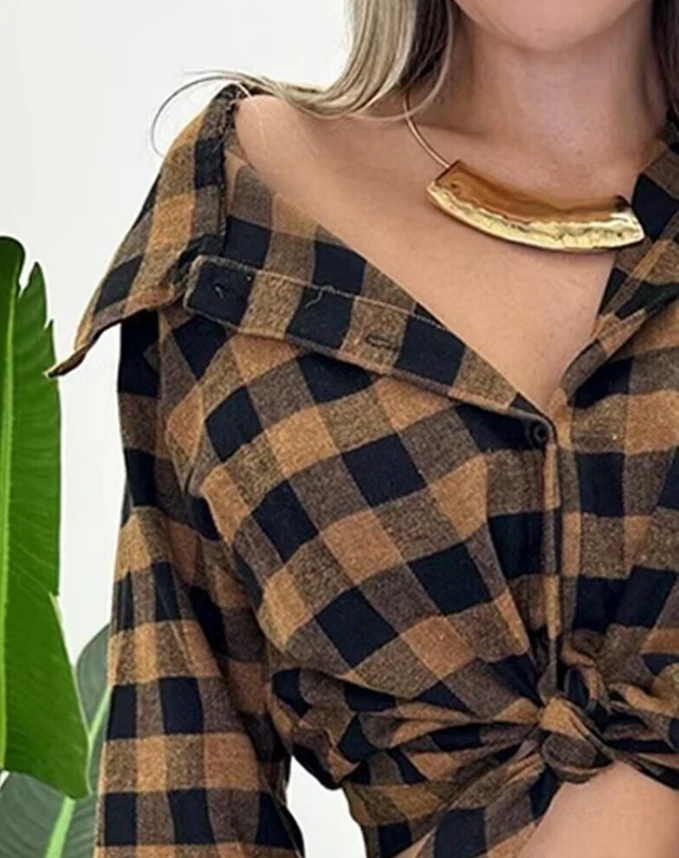 Fall 2024 casual collar long sleeved women's plaid printed ribbed casual long sleeved top