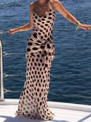 Sexy Printed Polka Dot Dress Retro Sheer Turn-down Collar Button Detachable Scarf Robe 2026 Summer Chic Y2k Women Casual Dresses