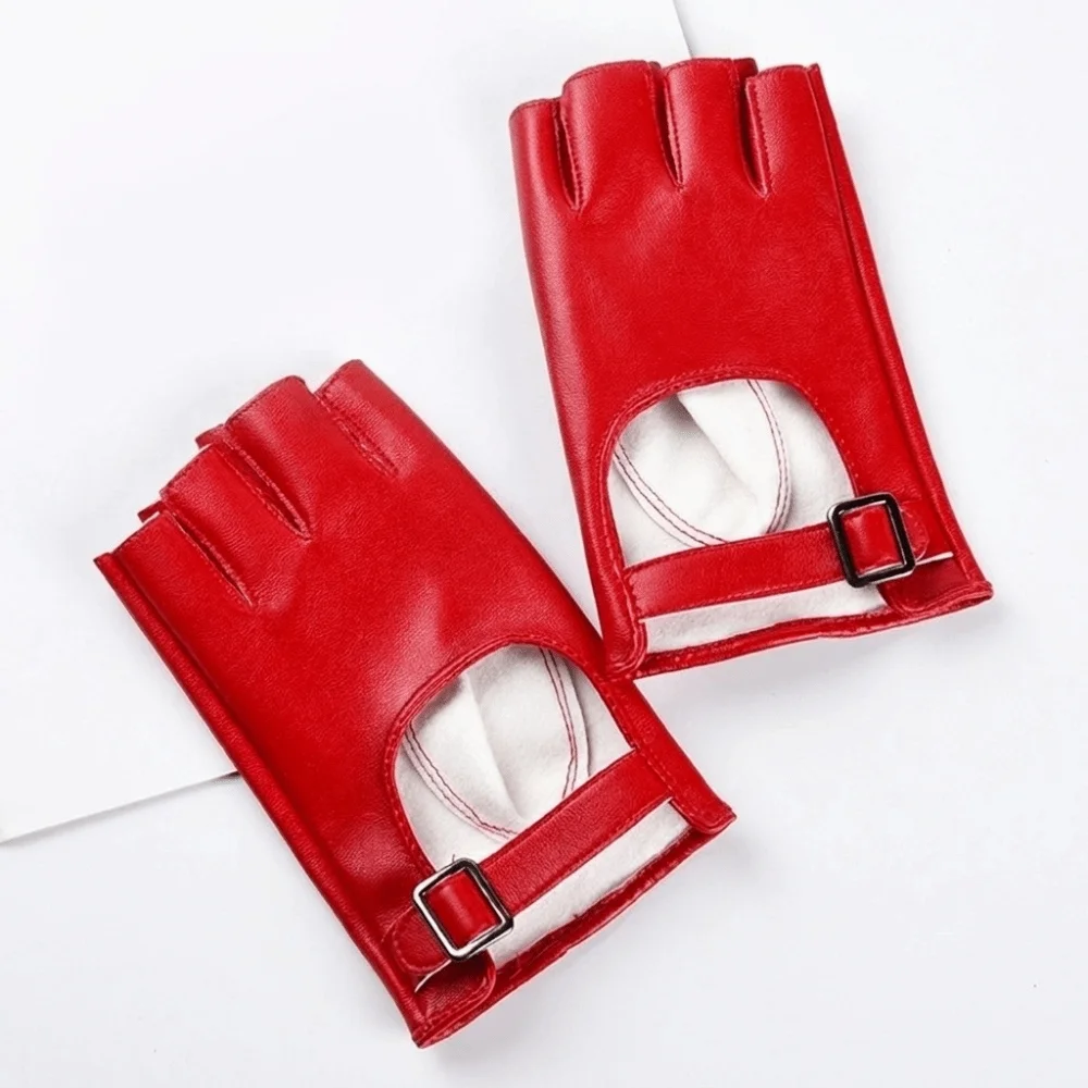 Fashion Solid Color PU Leather Gloves Punk Hollow Half Finger Gloves Cool Gothic Performance Gloves Motorcycle Riding