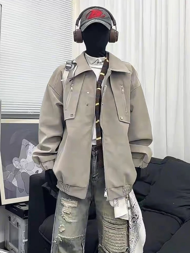 

Кожаное джато в американском стиле ретро с декодированным дизайном, мужская весенне-осенняя рабочая одежда, пальто с откидным воротником, длинная застежка-молния све