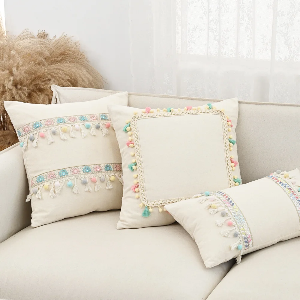 

Bohemian Cushion Covers Cotton Canvas Pillow Cases with Tassel Fringe Lace Patchwork Ethnic Decor for Living Room Bedroom Sofa
