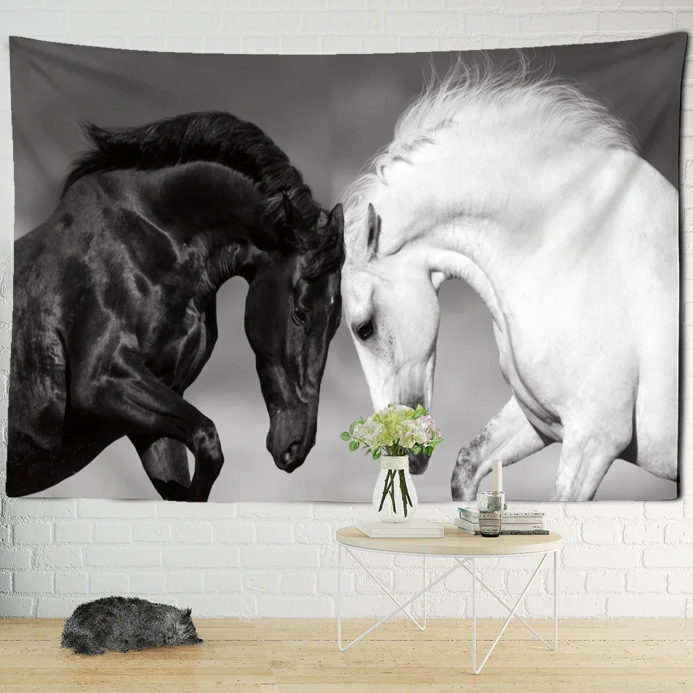 Black And White Sweat Blood Horse Tapestry Wall Hanging Psychedelic Tapiz Hippie Mystical Animal Decor