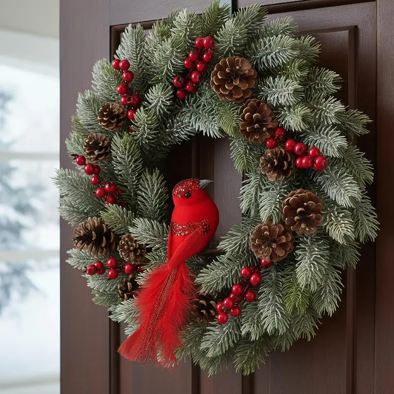 Simulation Feather Red Birds Lifelike Handicraft Figurines with Clips for Farmhouse Garden Lawn Home Decoration