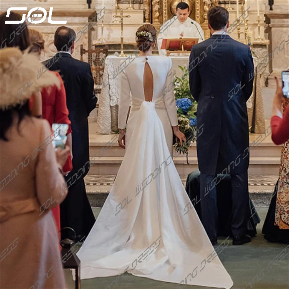 Vestido De Novia De satén De manga larga con cuello en V, vestido De Novia De sirena con Espalda descubierta, tren desmontable, Simple