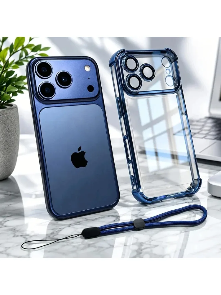 Luksusowe, przezroczyste, odporne na wstrząsy etui na telefon iPhone 18 17 13 12 Pro Max 16 15 14 Plus Air z paskiem na nadgarstek i osłoną na obiektyw. — 2