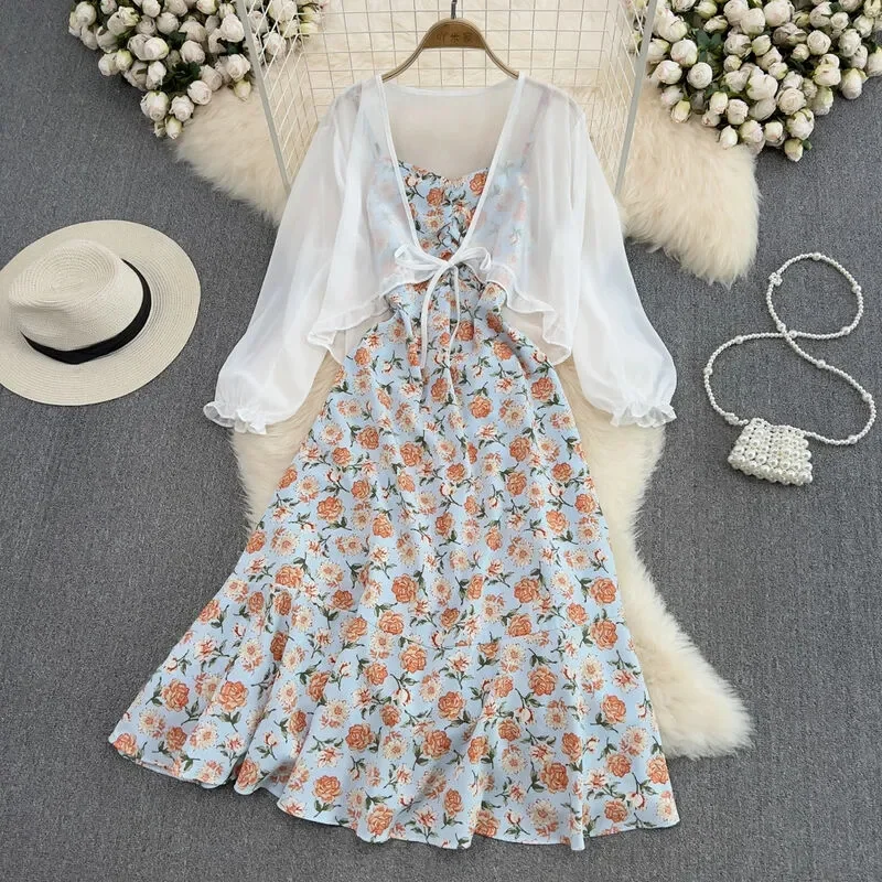 

2024 Korean Fashion Rose Flower Print Romantic Retro Party Dress Summer Elastic High Waist Vacation Long Dress Beach Vestido