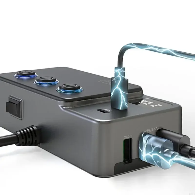شحن السيارة ولاعة السجائر الفاصل 3 مقبس USB C شحن سريع للغاية مع مفاتيح مستقلة للمركبة 12 فولت/24 فولت X37F