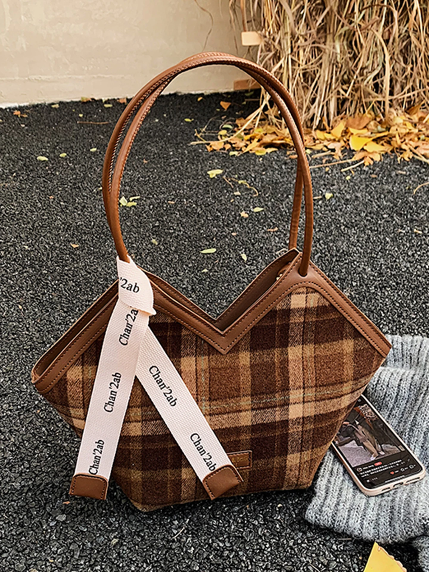 

Большая вместительная клетчатая шерстяная сумка-тоут, женская сумка через плечо для поездок на работу, повседневная офисная сумка, мягкая сумка из искусственной кожи на молнии