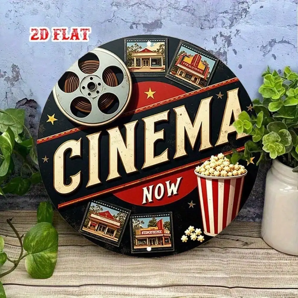 Vintage Cinema Tin Sign Retro Movie Theater Metal Wall Art Round Film Strip Popcorn Bucket Decor 7.87