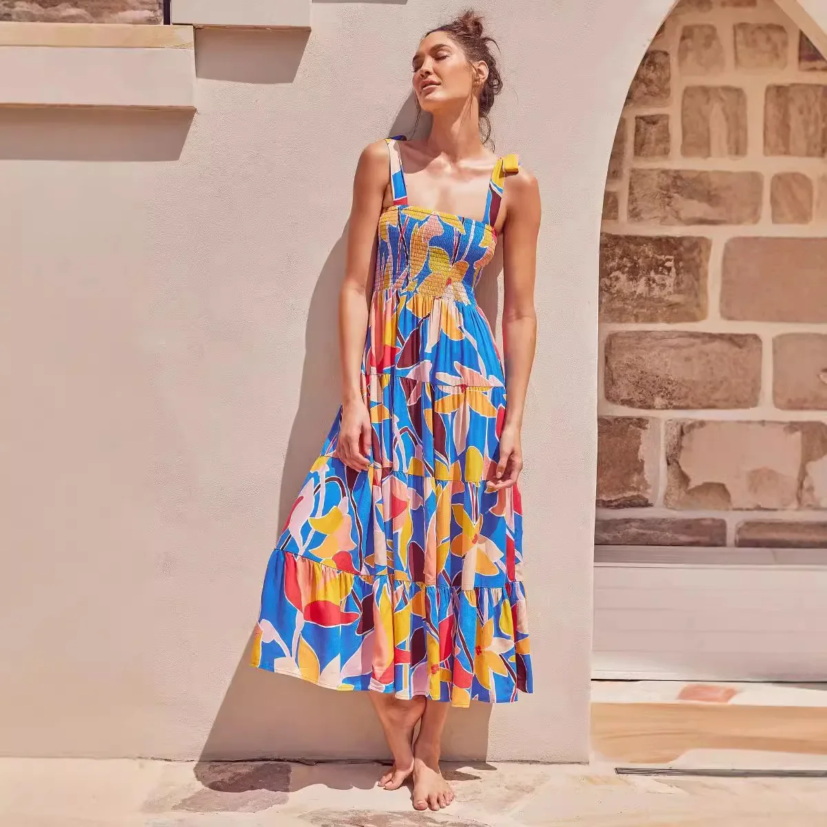 

New 2025 Summer Women Boho Midi Dresses Fashion Print Spaghetti Strap Sexy Sleeveless Holiday Beach Dress Female Party Vestidos