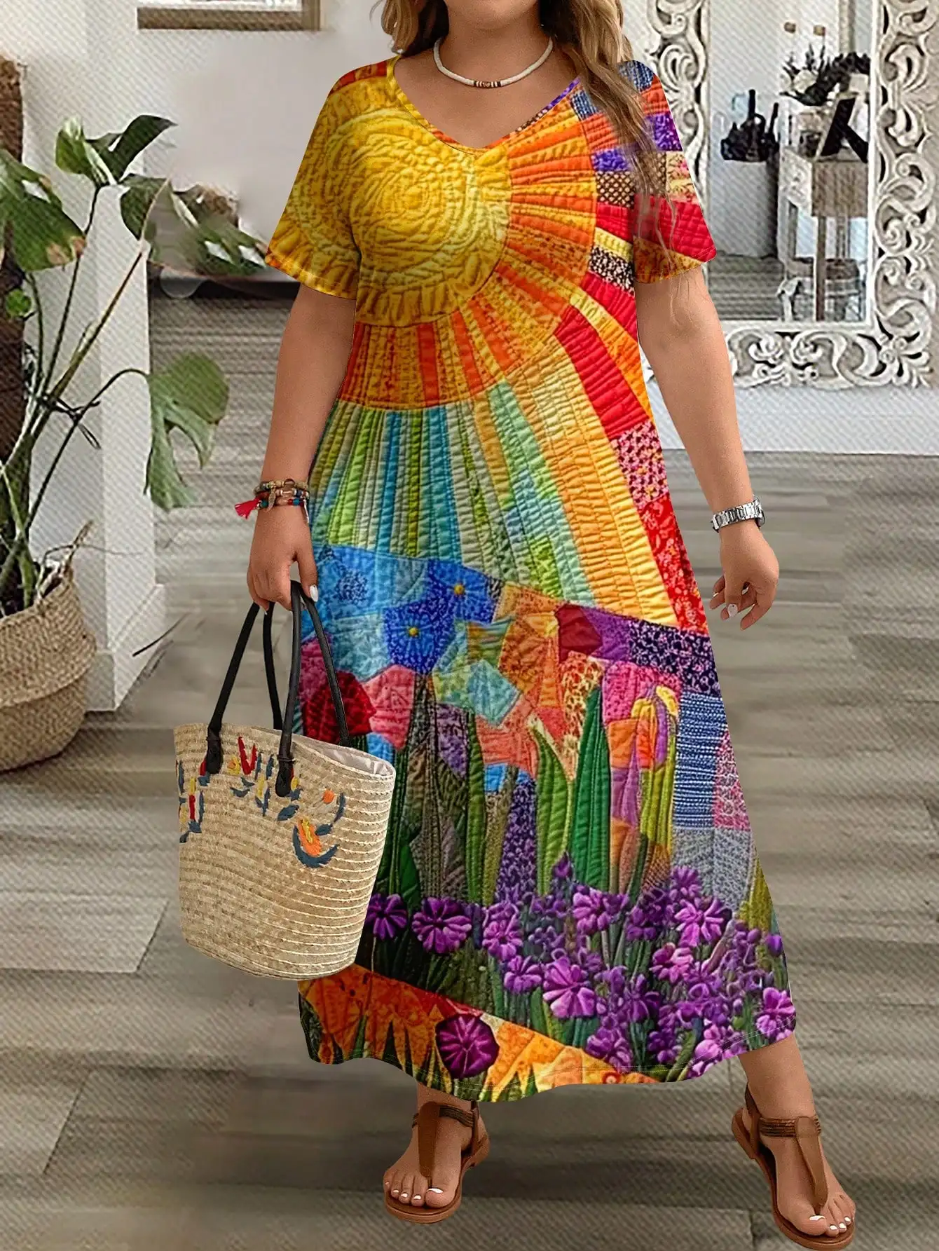 

Plus Size Women's V-Neck Short Sleeve Maxi Dress with Colorful Patchwork Floral Print