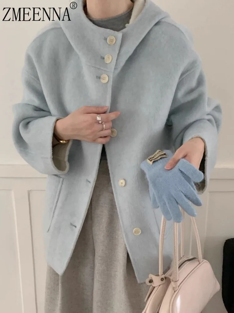 

ZMEENNA Womens Casual Short Light Blue Hooded Wool Blend Coat With Button Closure And Large Pockets Outerwear ZM3702