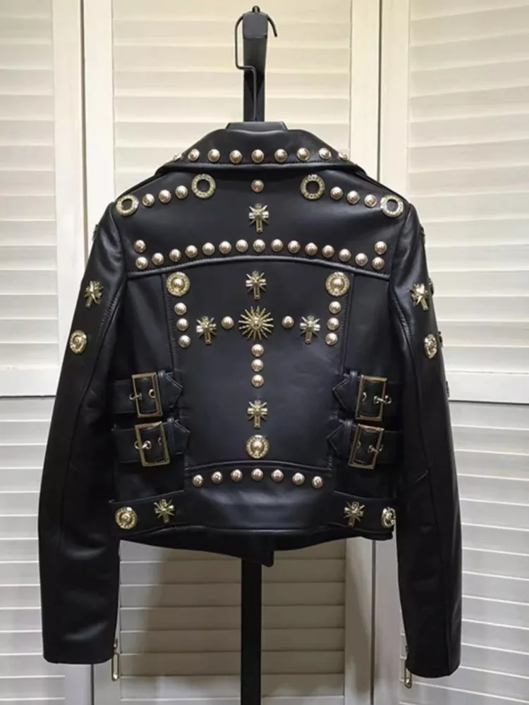 Veste en cuir véritable de style punk pour femme, manteau court de moto, fermeture éclair, revers, coupe couvertes, véritable peau de mouton, designer, printemps, automne, nouveau