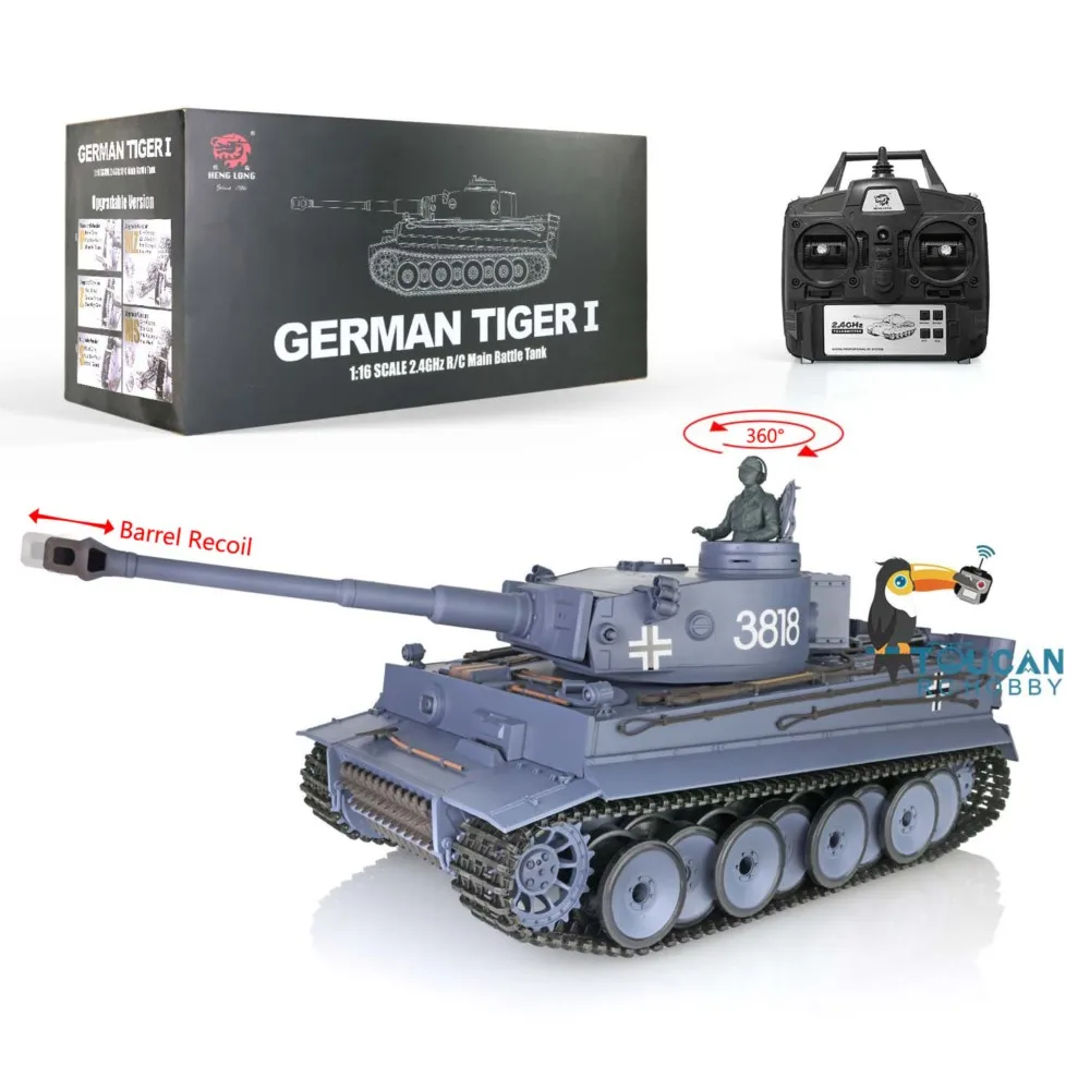 Heng Long 1/16 7.0 Plastikowy Czołg RC Tiger I 3818 z Stalową Skrzynią Biegów i Wyrzutnią z Efektem Odrzutu Panzer Zabawki dla Chłopców TH17237