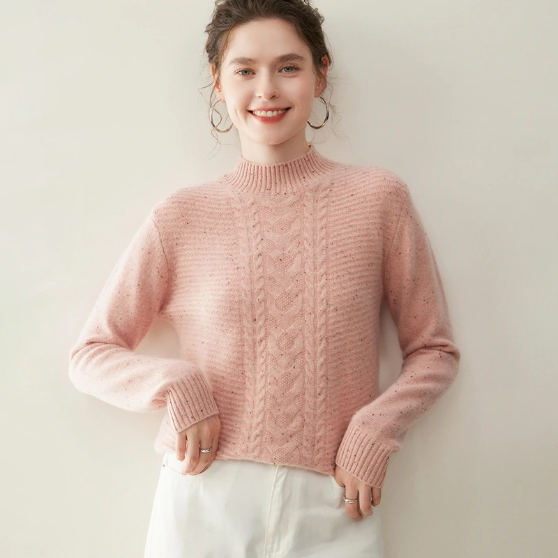 Sweter damski ze 100% kaszmiru, golf, żakardowy, pulower, jesień-zima, gruby, dzianina w warkocze, włóczka w kropki, odzież kaszmirowa, top.