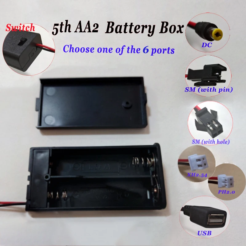 2-core Battery Storage Box With Switch And Lid For AA Battery Standard Container With Terminals PH2.0 XH2.54 SM DC USB