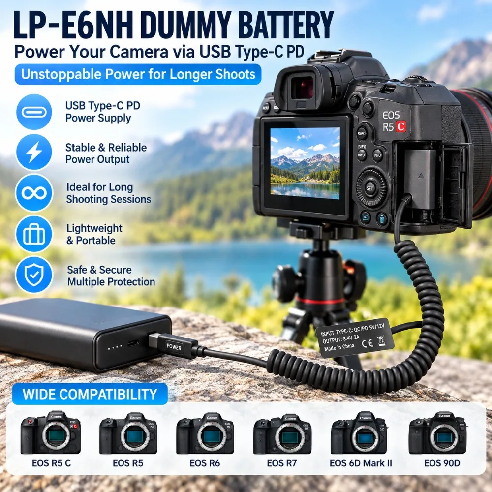 ABS + PC Dummy Battery Adapter USB-C Coupler Adapter for Canon 5D/5D/5D4/6D/6D2/60D/7D/7D2/70D/80D/90D/5DSR/R/R5/R5C/R6/R6II/R7