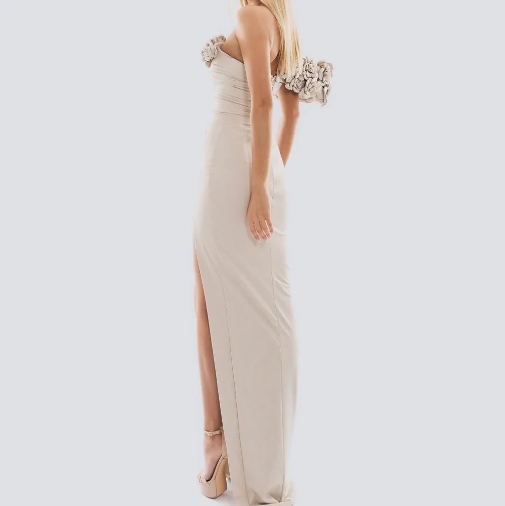 

customizedHigh Quality Ruched Flowers Boat Neck Floor Length Straight Party Gowns Jersey Off the Shoulder Side Slit Vestido De F