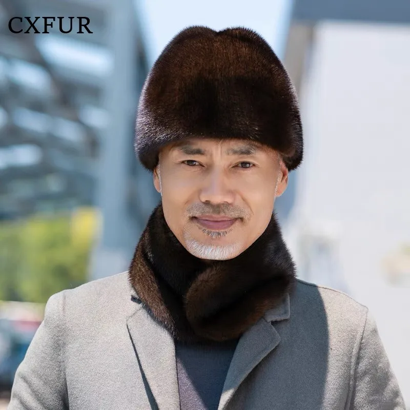 Full Skin Luxury Bomber Cap Winter Plush Real Mink Fur Men Hat CX-C-15A