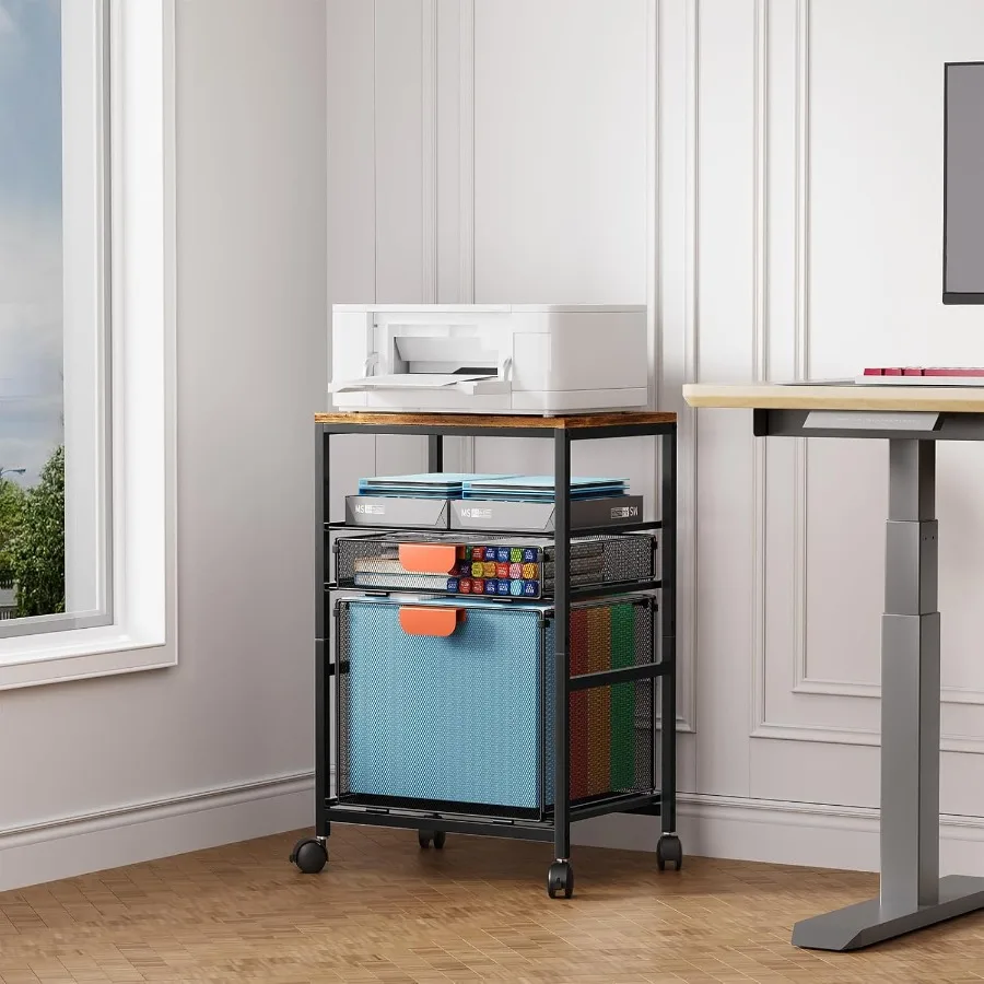 Rolling File Cabinet with Handle Mobile File Cabinet on Lockable Wheels for Efficient Office Filing Organization Printer Stand
