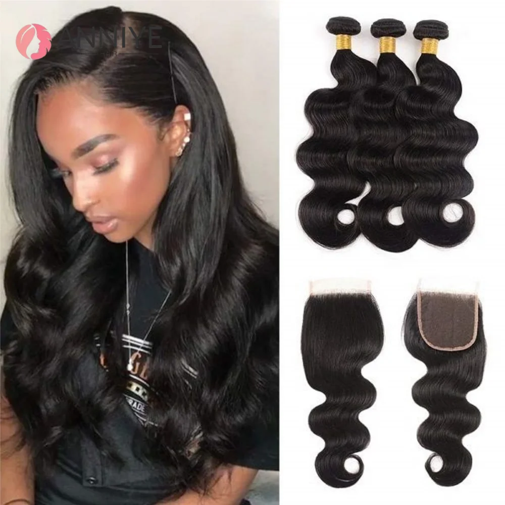 Paquets de vague de corps avec fermeture 4x4 tissage de cheveux 3 paquets avec fermeture à lacets 100% Extensions de cheveux humains avec fermeture à lacets