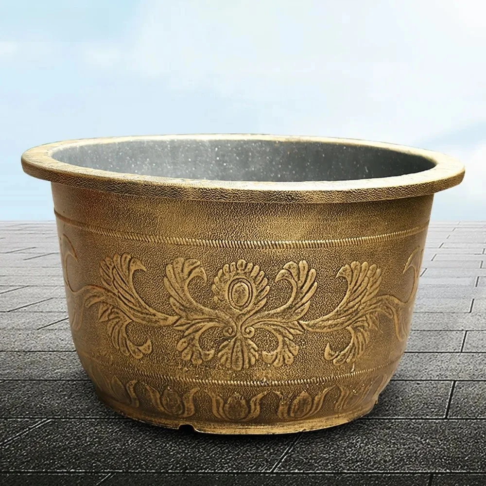Resin Lotus Planter Pot Large 19cm Height Water Reservoir Planter Copper Bronze 7.5L Capacity Retro Flower Pot Indoor Use