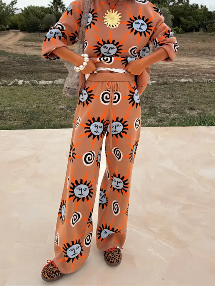 Nuevo Otoño Invierno Casual suelto 3 piezas trajes moda cuello redondo Tops y pantalón largo y cárdigan traje mujer elegante patrón estampado conjunto de felpa