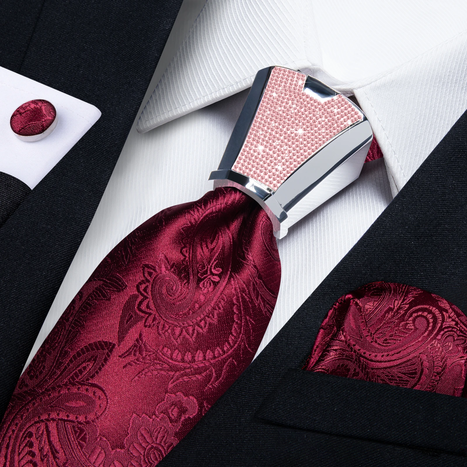 

Luxury Red Paisley Silk Ties For Men New Designer Tie Buckle Wedding Accessory 8cm Neck Tie Cufflinks Pocket Square Set