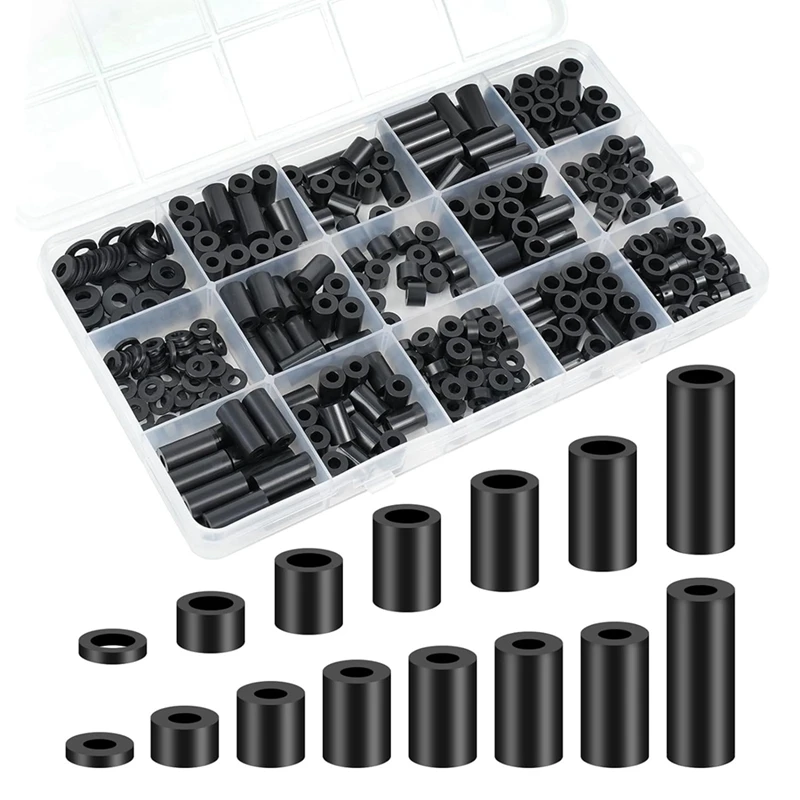 Nylon Spacers, Plastic Spacers Washers Assortment Set Kit 345 Pcs Electrical Outlet Screw Spacers, M3 M4 Black Round Spacer Set