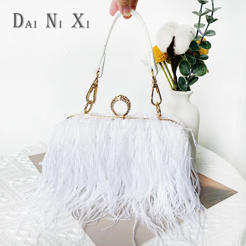 Fashion Ostrich Fuax Fur Feather Wallet Clutch Bag Ladies Diamond Knuckle Rings Dinner Party Wedding Purse Luxury Chic