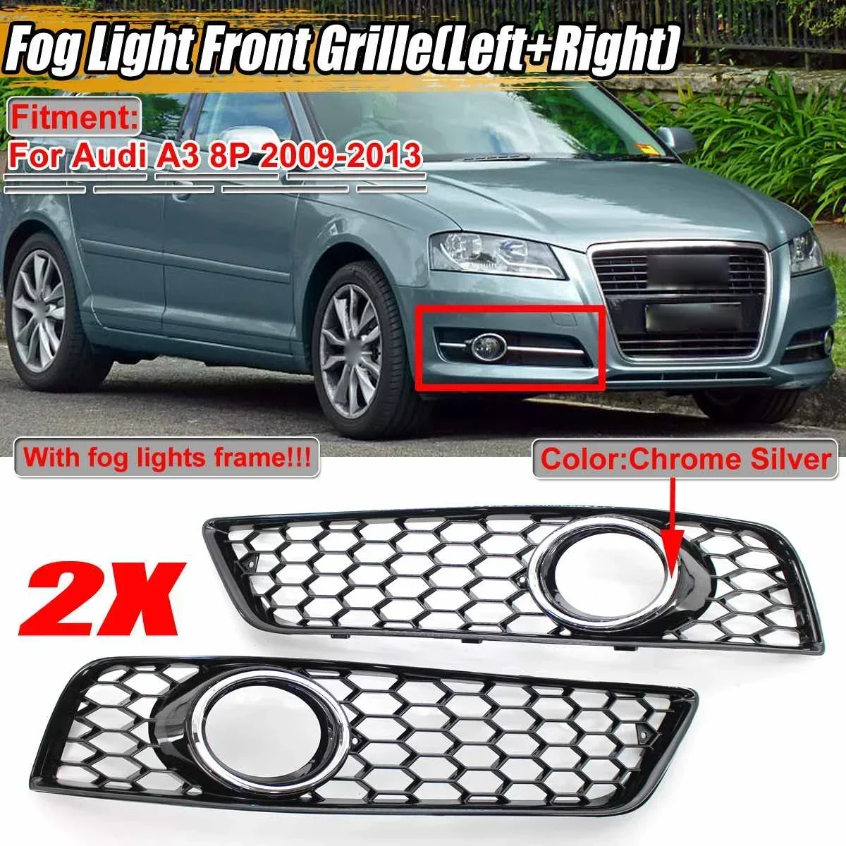 

2pcs Honeycomb Mesh Style Front Fog Light Cover Honeycomb Grille Grill For Audi A3 8P 2009-2013 8P0807682D 8P0807681D Body Kit