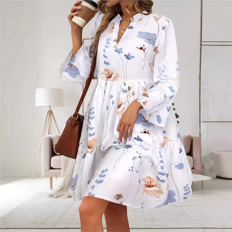 Elegant Ladies' Trendy Autumn White Dress New With Flower Print V-neck Cover Waist Cinched Lantern Sleeves A-line Swing Dress