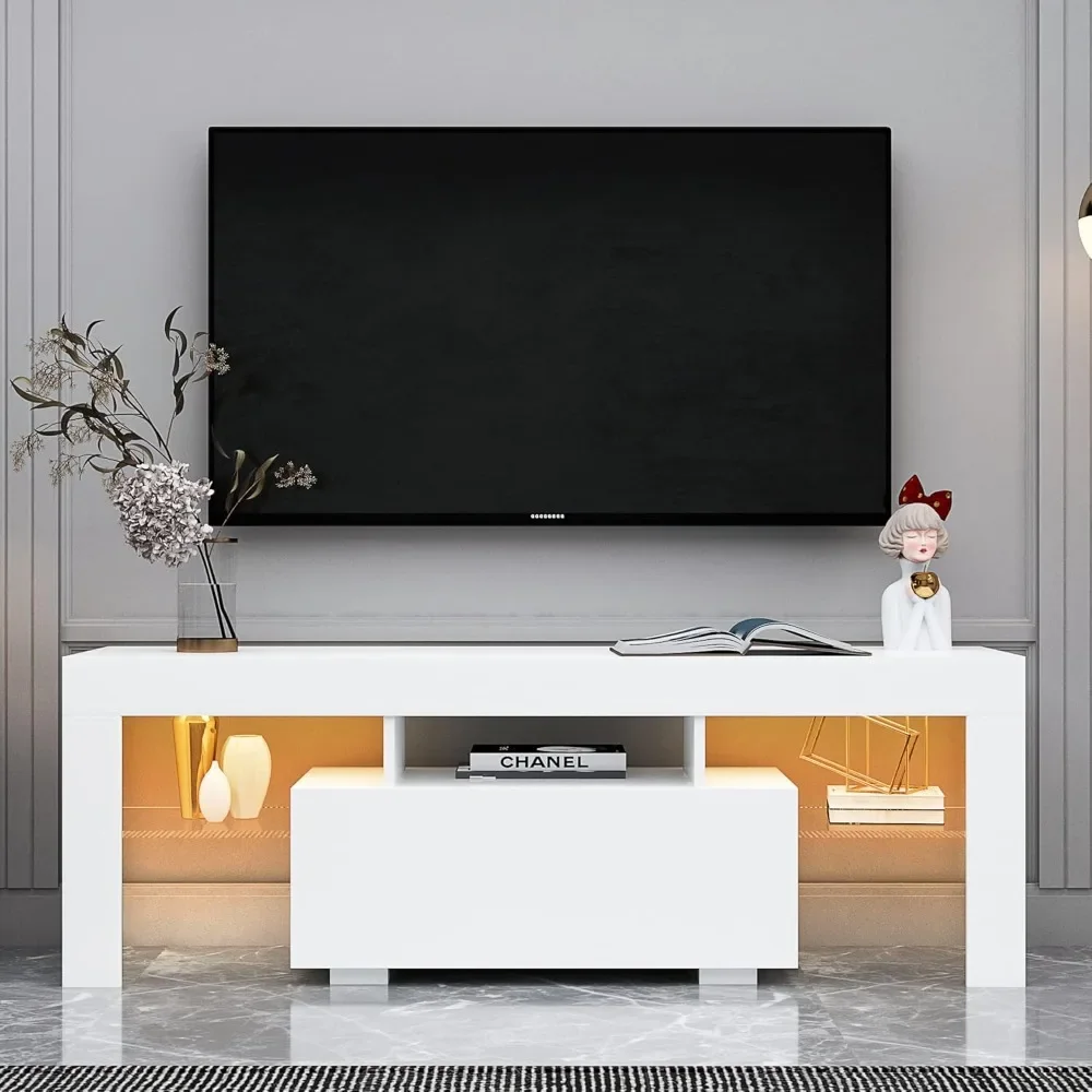 

White LED TV Stand High Glossy Front Entertainment Center Modern Television Stands with Large Storage Wood TV Stand