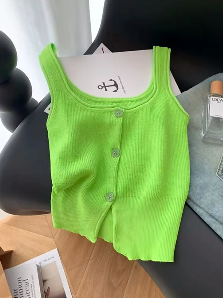 

Pure Desire Spicy Girl Single Button Strap Vest Women's Summer Outfit High Waist Tight Short Top Casual Loose Style Thin Model