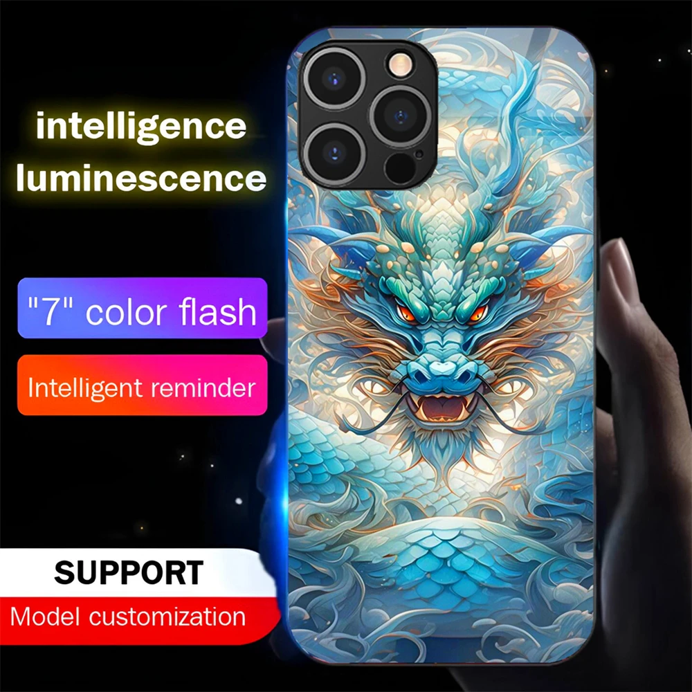 

Cool Dragon Painting Luminous Tempered Glass Phone Case LED Backlight Cover For iPhone 16 E 15 14 13 12 11 Pro Max XR XS Plus